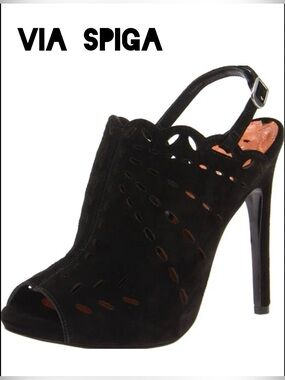 Via Spiga Black Suede Cutout Peep-Toe Slingback Heels Size- 8 M